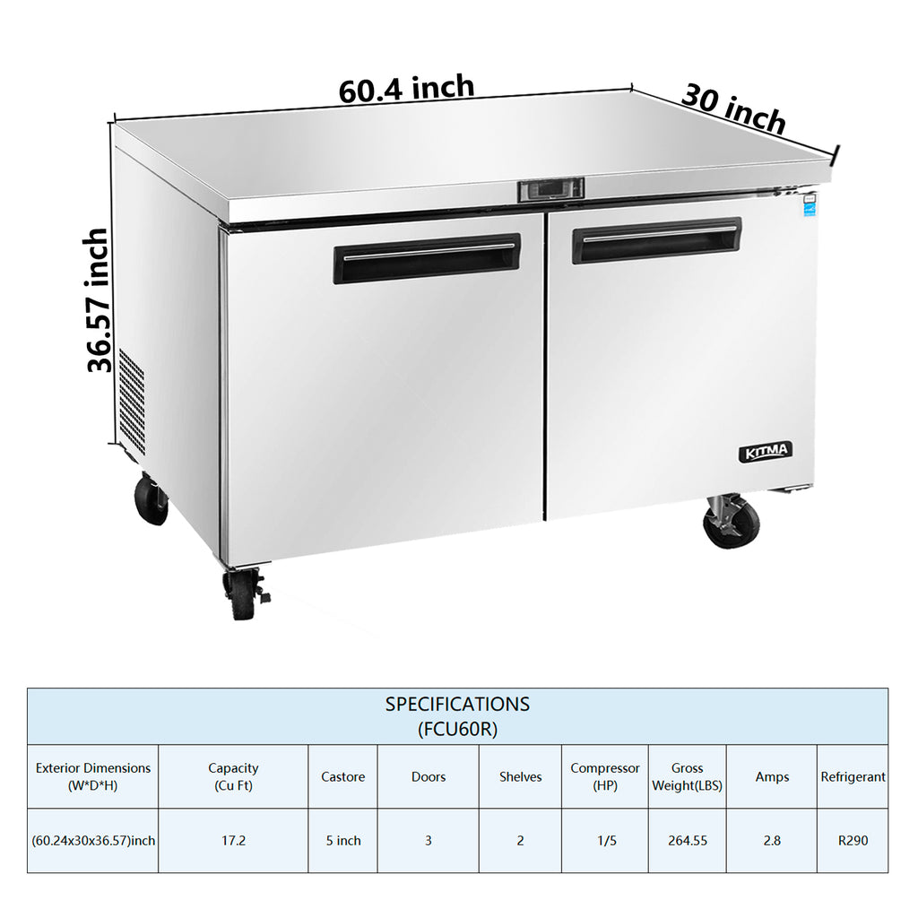 Commercial 2 Door Undercounter Refrigerators, 17 Cu. Ft Side by Side Stainless Steel Worktop Fridge H43851