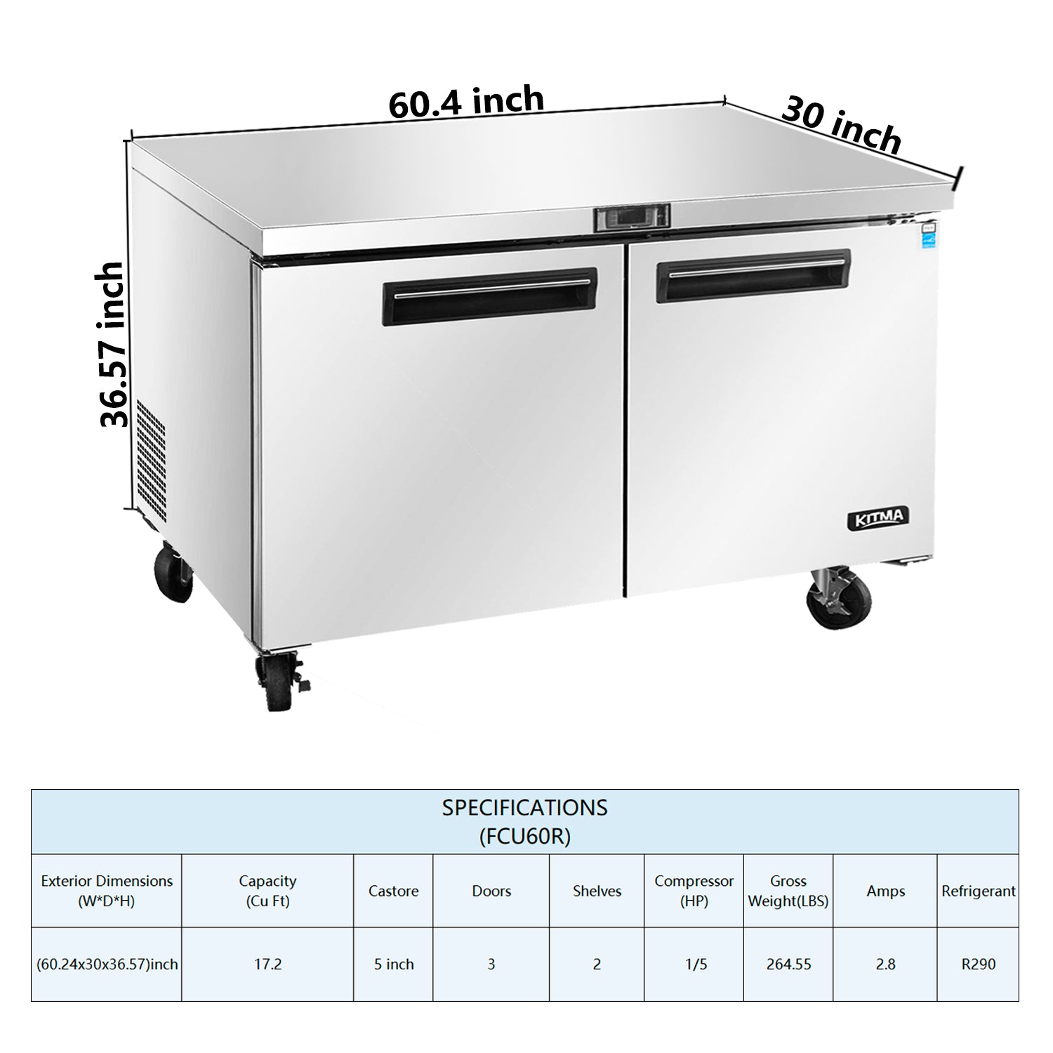 Commercial 2 Door Undercounter Refrigerators, 17 Cu. Ft Side by Side Stainless Steel Worktop Fridge H43851