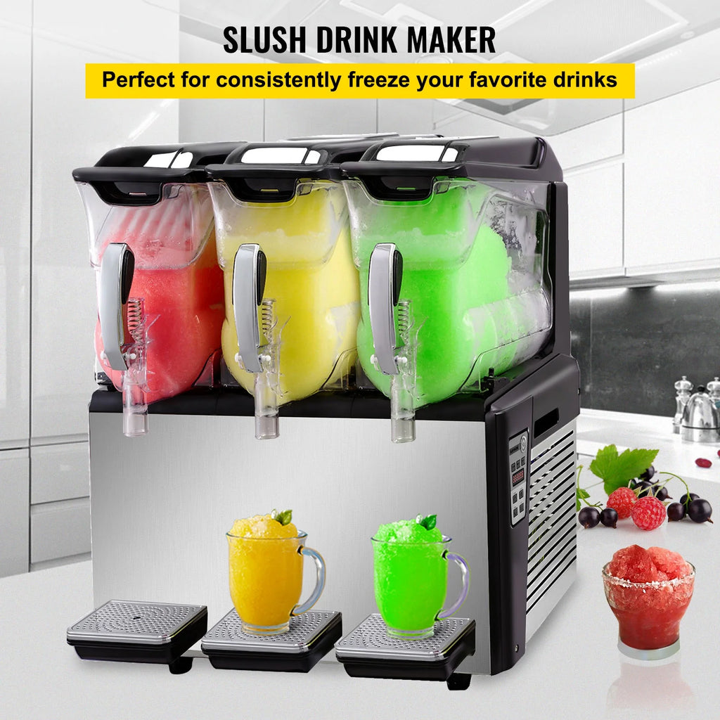 110V Commercial Slushy Machine 10L x 3 Tank Frozen Drink Machine 1250W Stainless Steel L513