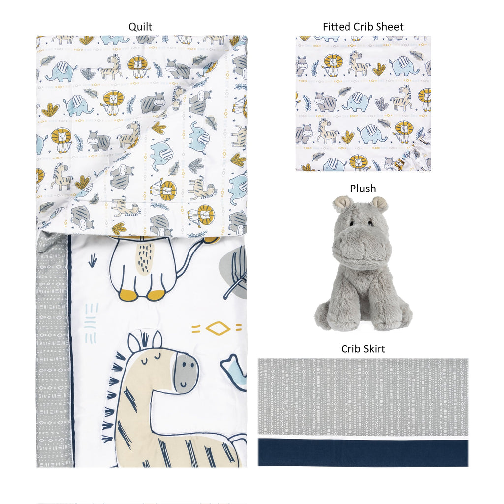 4 Piece Crib Bedding Set, White, Tan, Orange, Blue, Navy and Gray, 100% Microfiber, Polyester Fill, Quilt, Fitted Crib Sheet, Skirt and Plush Toy T963