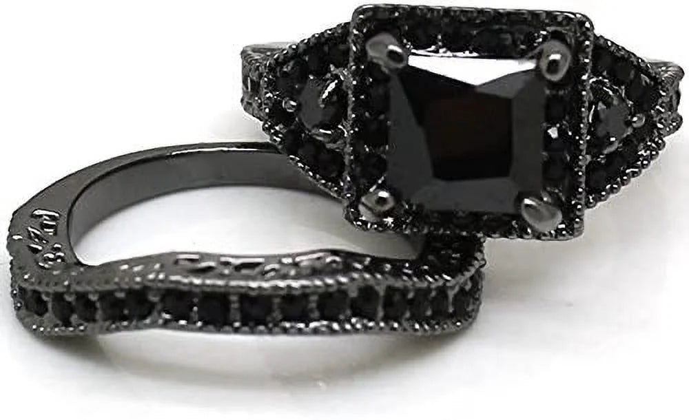 Black Onyx Princess Cut Bridal Ring Set Q18436