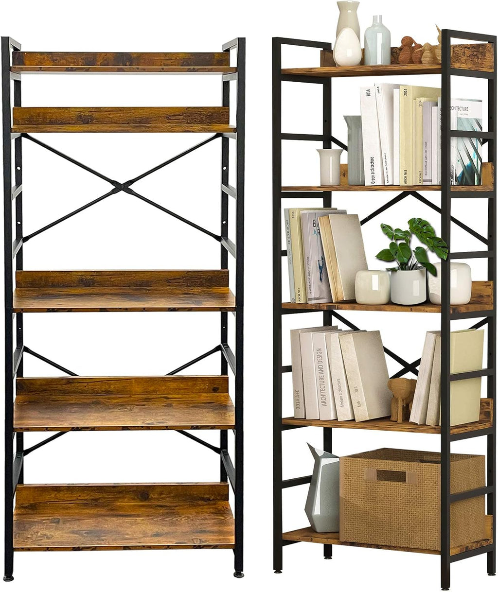 Industrial Bookshelf, 4 Tier Tall Bookcase, Metal Frame, Rustic Brown X14947