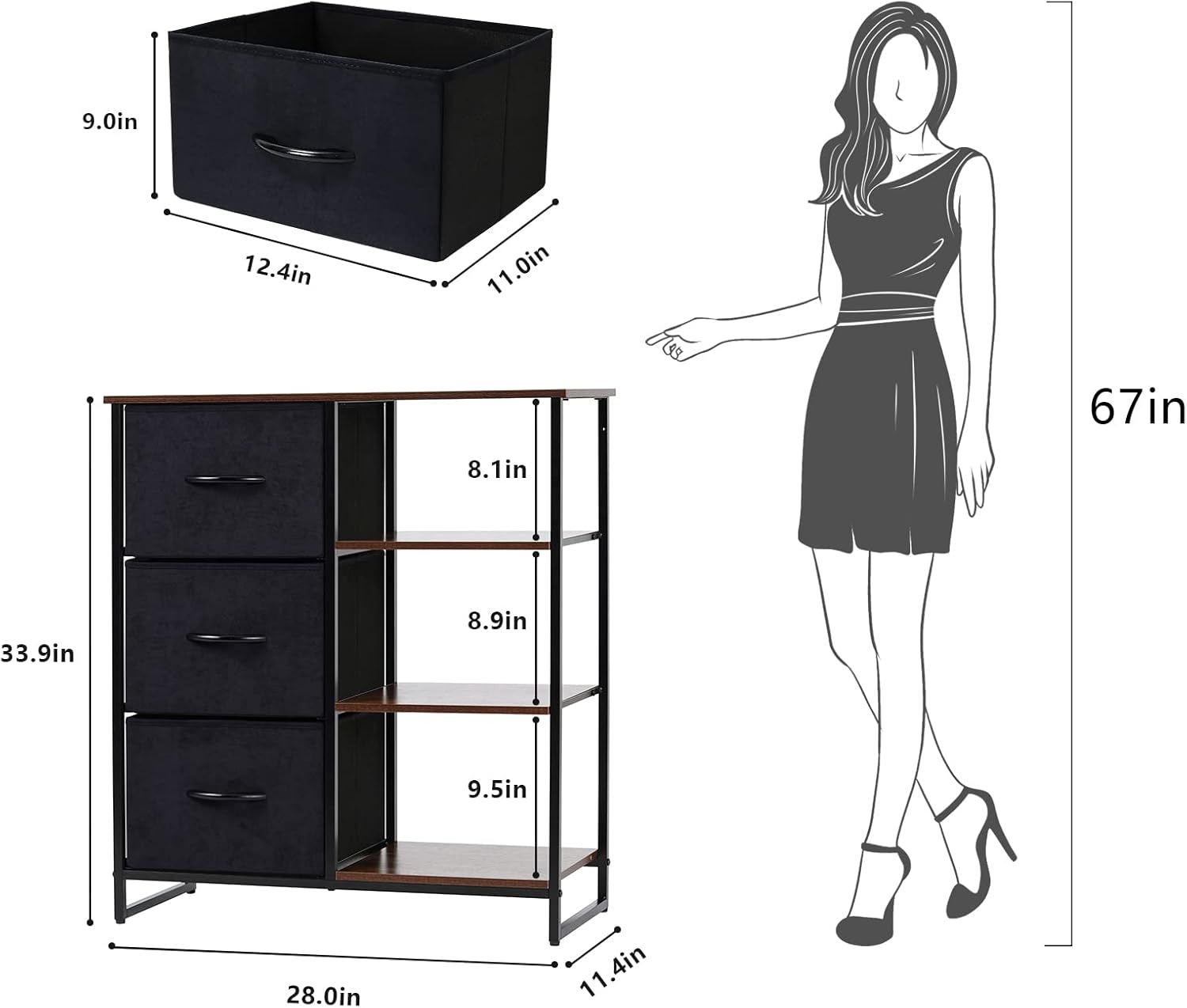 3 Drawer Dresser with Shelves J608