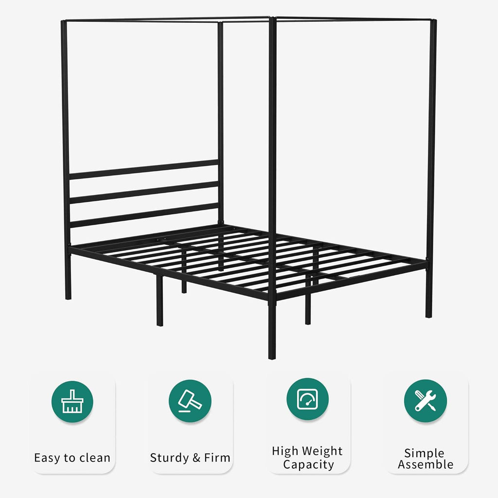 Queen Size Metal Canopy Bed Frame with Built-in Headboard P342
