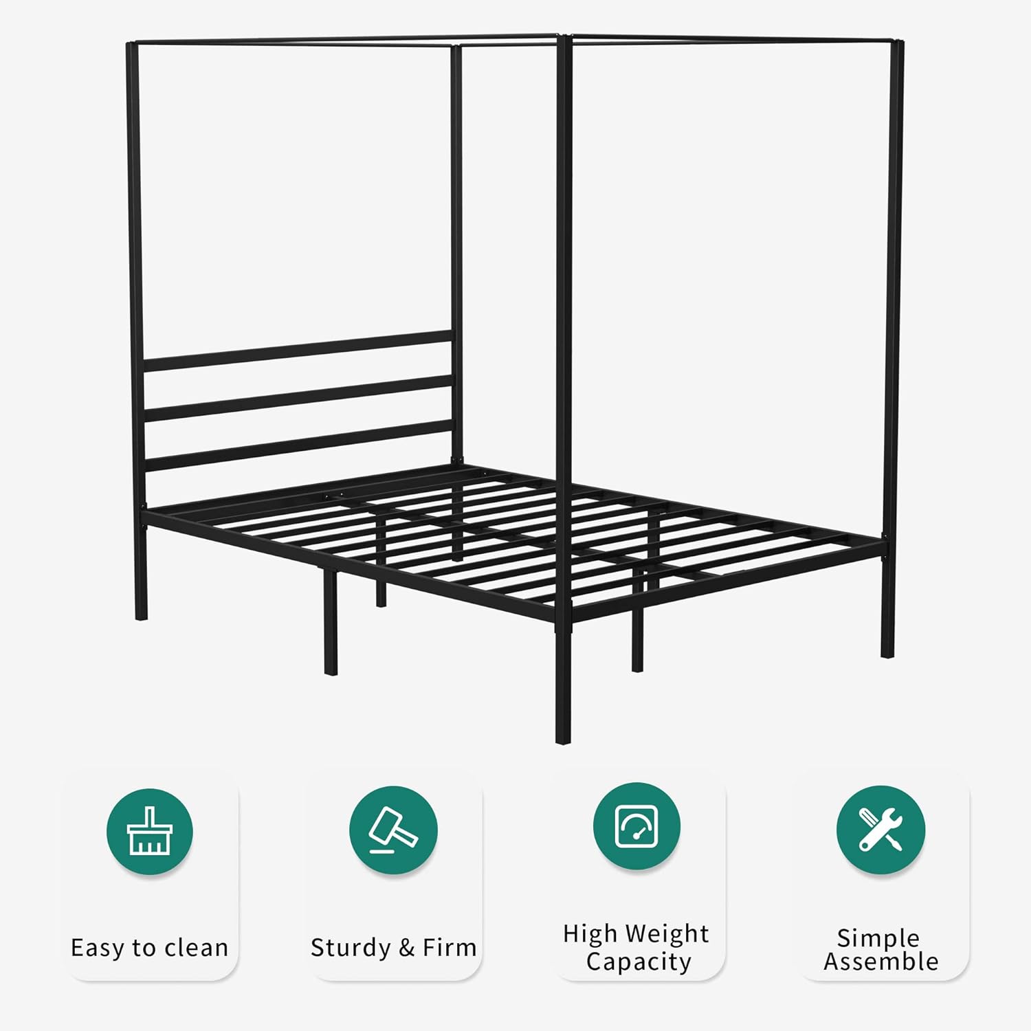 Queen Size Metal Canopy Bed Frame with Built-in Headboard P342