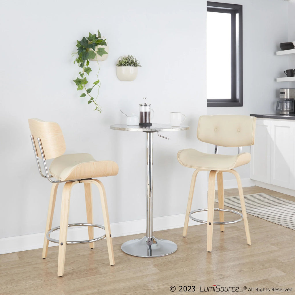 26" Mid-Century Modern Counter Stool with Swivel in Natural Wood and Cream Faux Leather with Round Chrome Metal Footrest - Set of 2 G7583