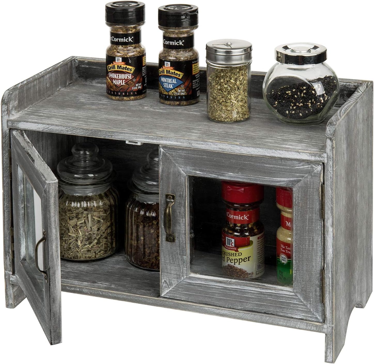 Rustic Gray Whitewashed Wood Counter Top Storage Cabinet with Glass Windows W99990