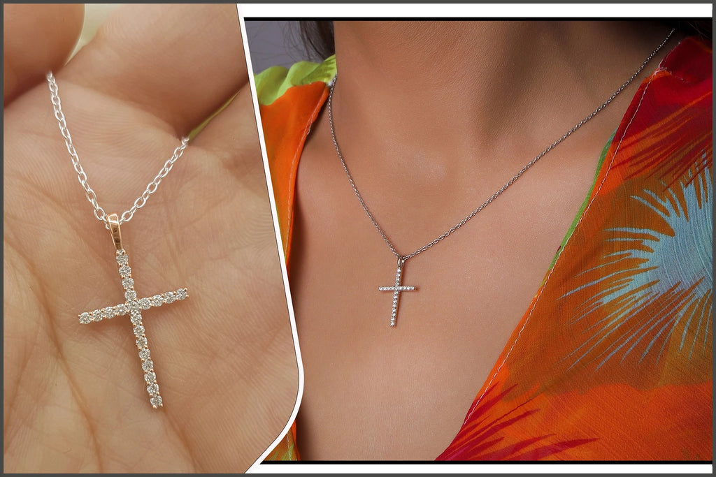 Round White Diamond Cross Pendant with 18 Inch Silver Chain in 14K Rose Gold G571