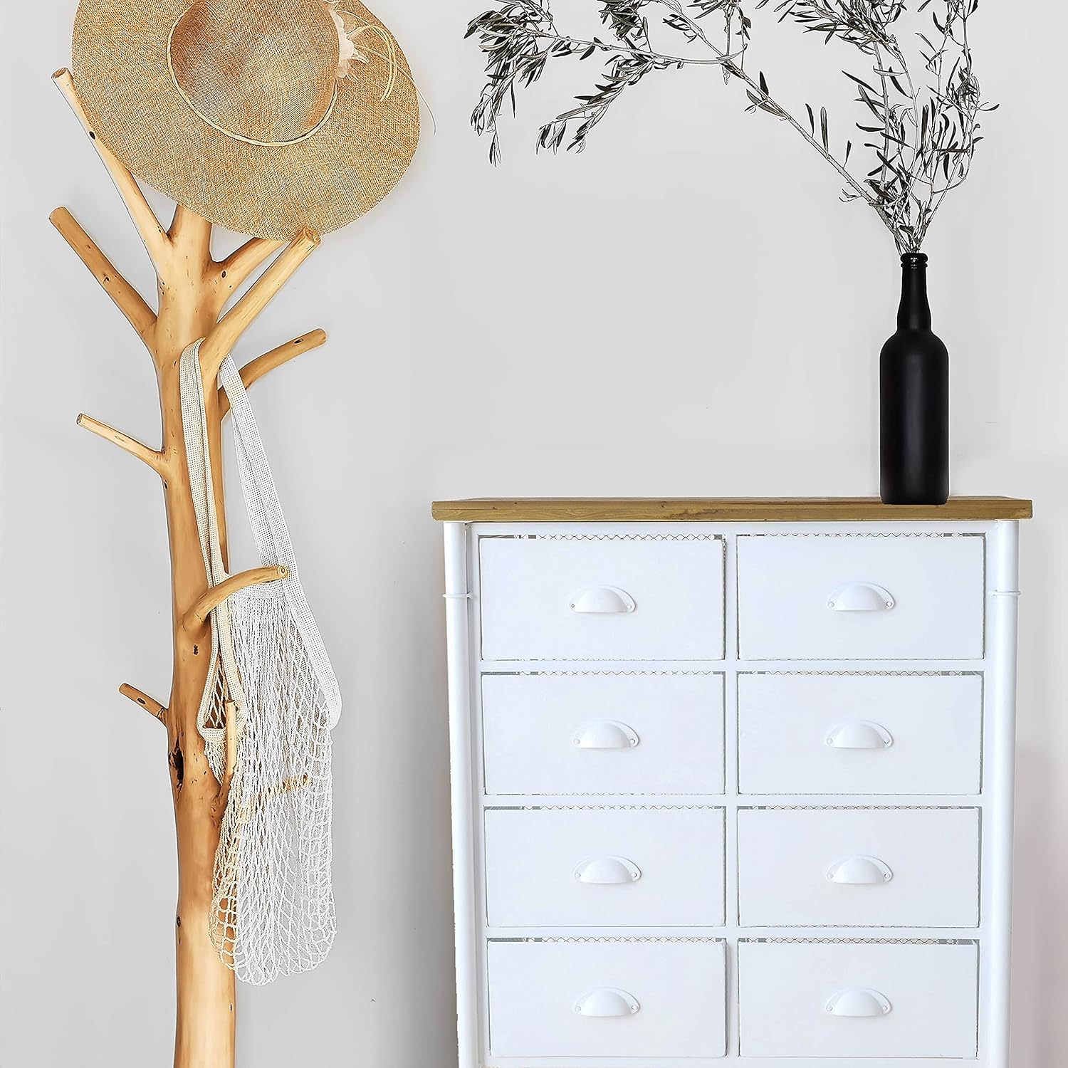 White 8 Drawer Accent Cabinet with Solid Wood Top and Metal Mesh Detailing H581
