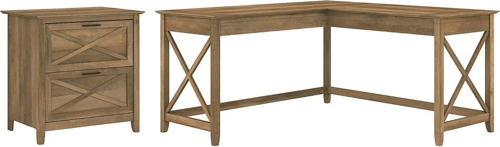 L Shaped Desk with 2 Drawer Lateral File Cabinet, Dark Gray Hickory T9051
