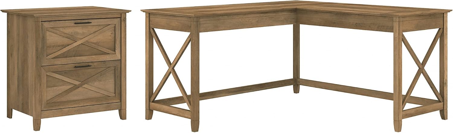 L Shaped Desk with 2 Drawer Lateral File Cabinet, Dark Gray Hickory T9051