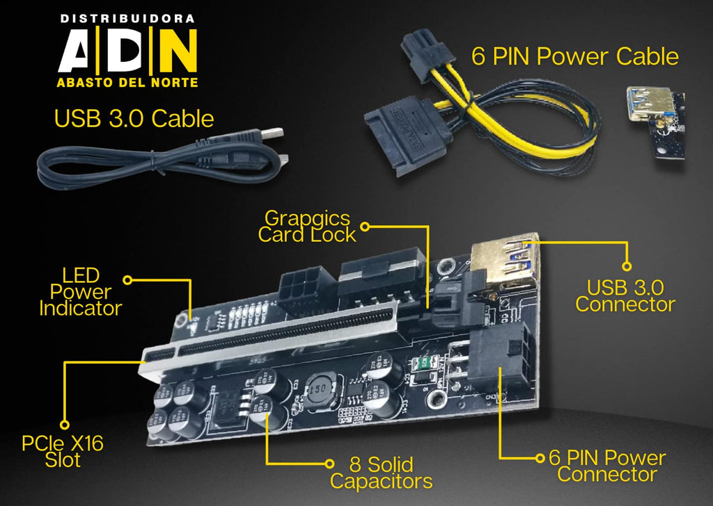 PCIE Riser 6 Kit, PCI-E 1X to 16X with 8 Capacitors, 6 Pin and Molex with USB 3.0 Connector W90746