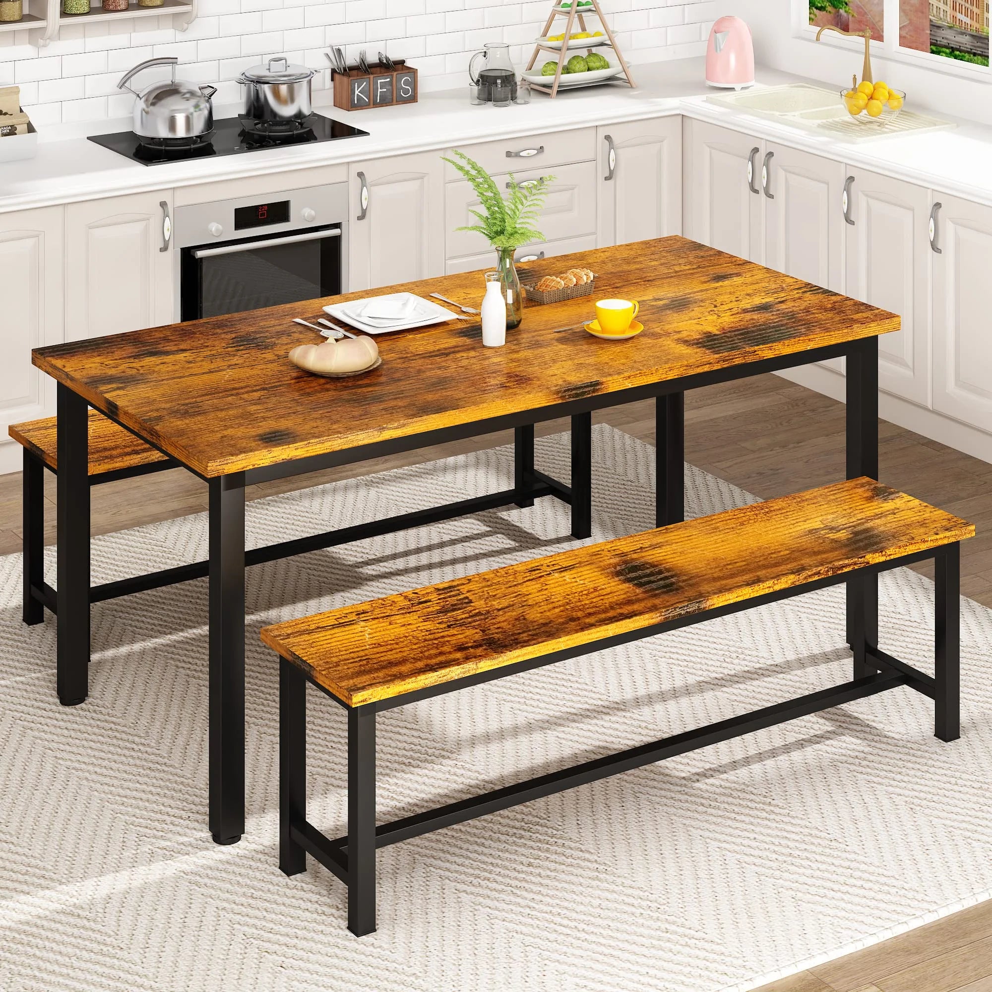 Rustic Brown 4 Person Kitchen Table Set with 2 Benches X696