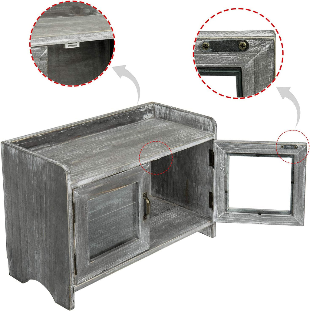 Rustic Gray Whitewashed Wood Counter Top Storage Cabinet with Glass Windows W99990