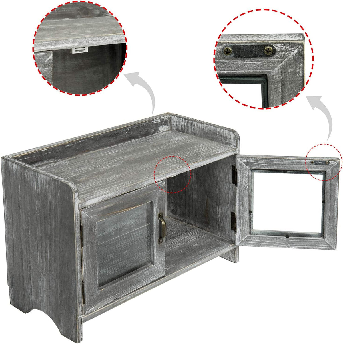 Rustic Gray Whitewashed Wood Counter Top Storage Cabinet with Glass Windows W99990