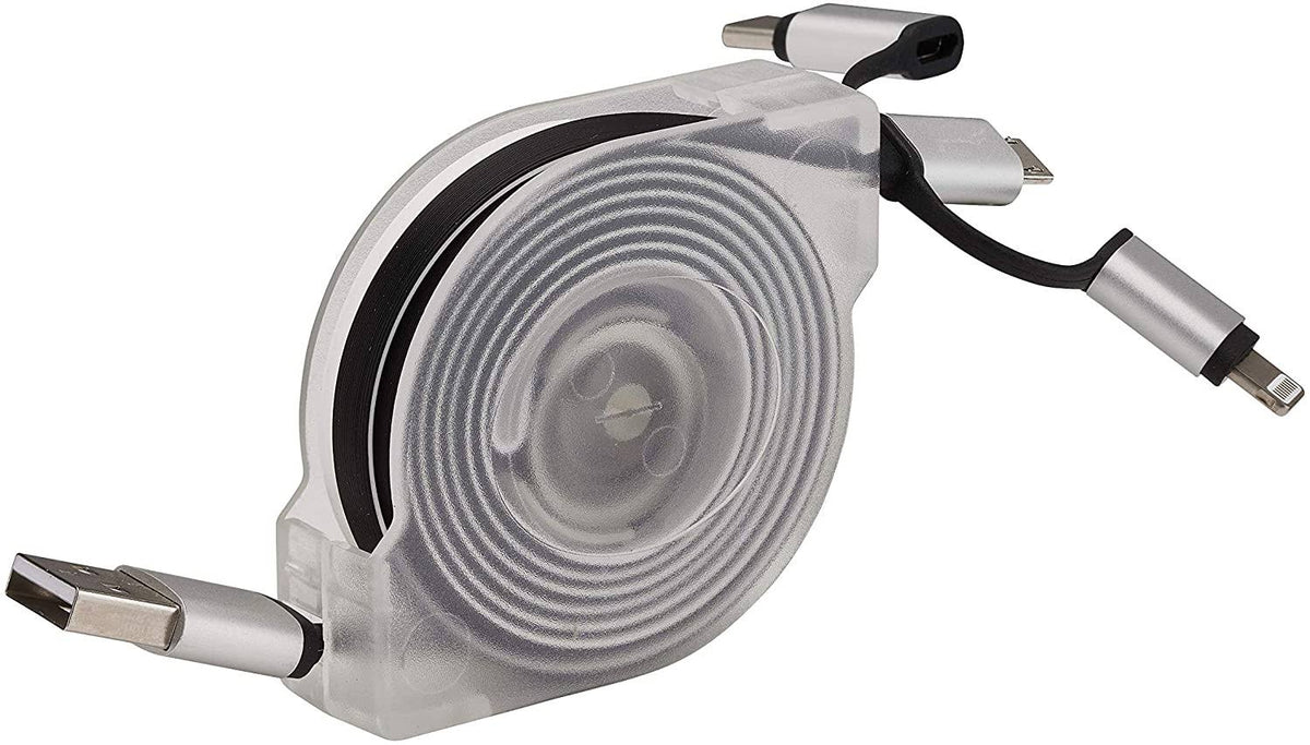 White 3 in 1 Multi Charger Universal USB Cable Reel Length 2 M T183941