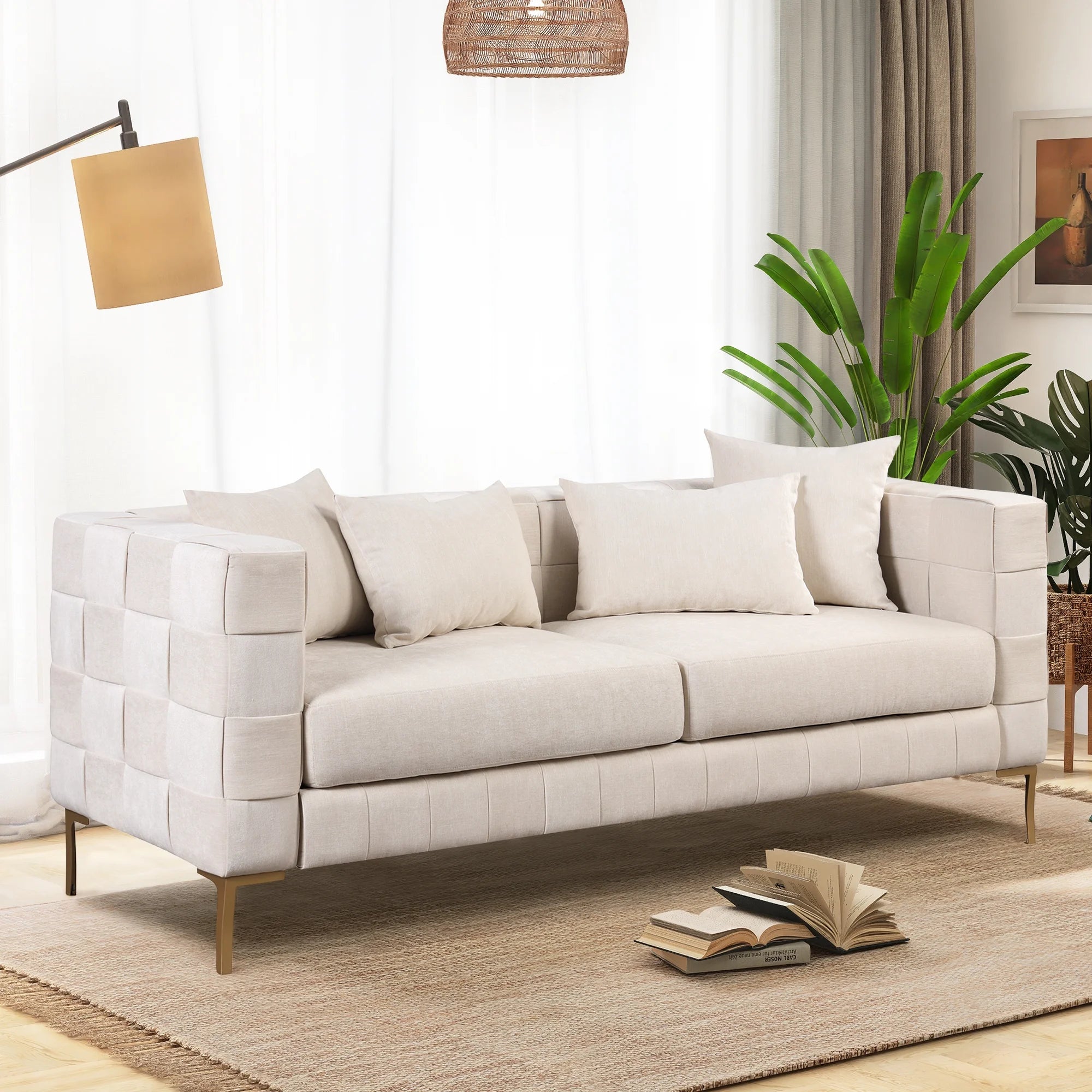 Beige Upholstered Sofa with 4 Pillows and Golden Metal Legs U1715