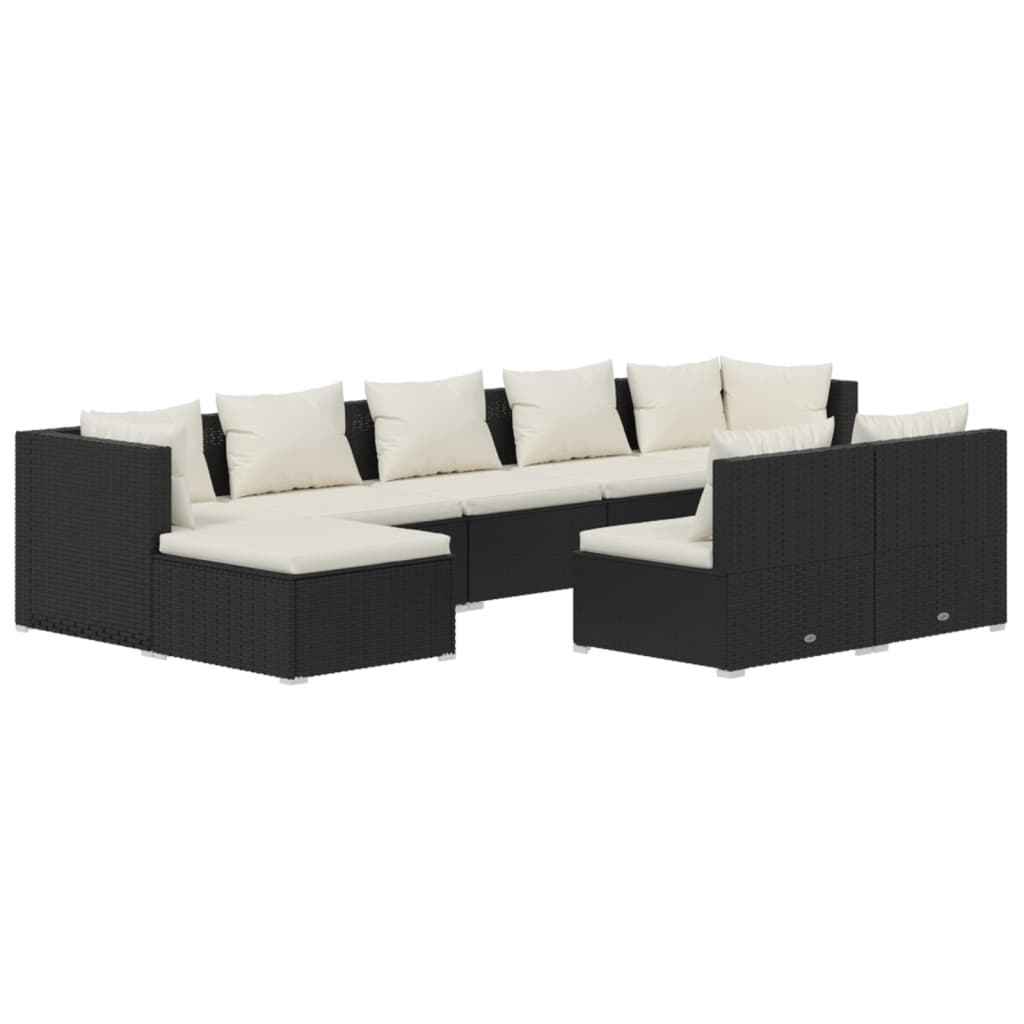 9 Piece Patio Set with Cushions Black Poly Rattan F362