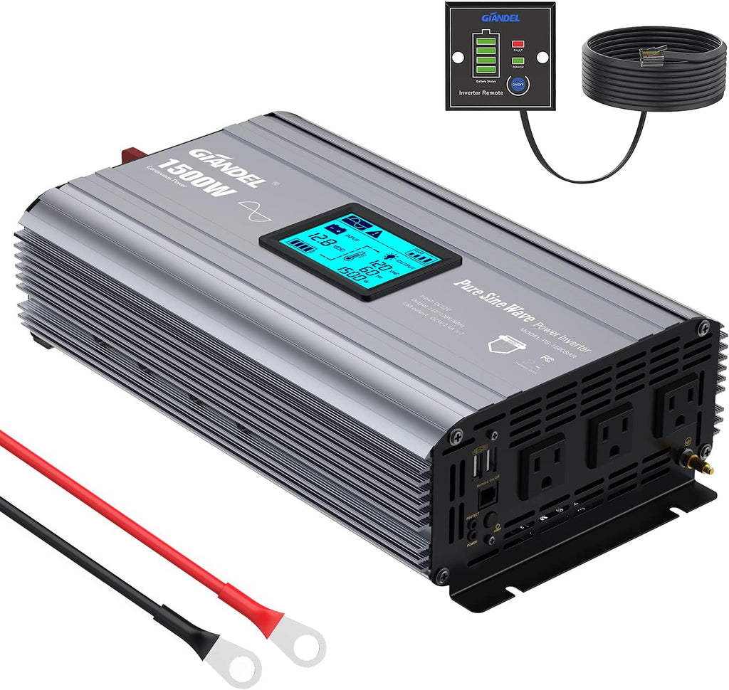 2000W Pure Sine Wave Power Inverter DC 12V to AC 120V with LCD Display Remote Controller Dual 2.4A USB Ports V7886