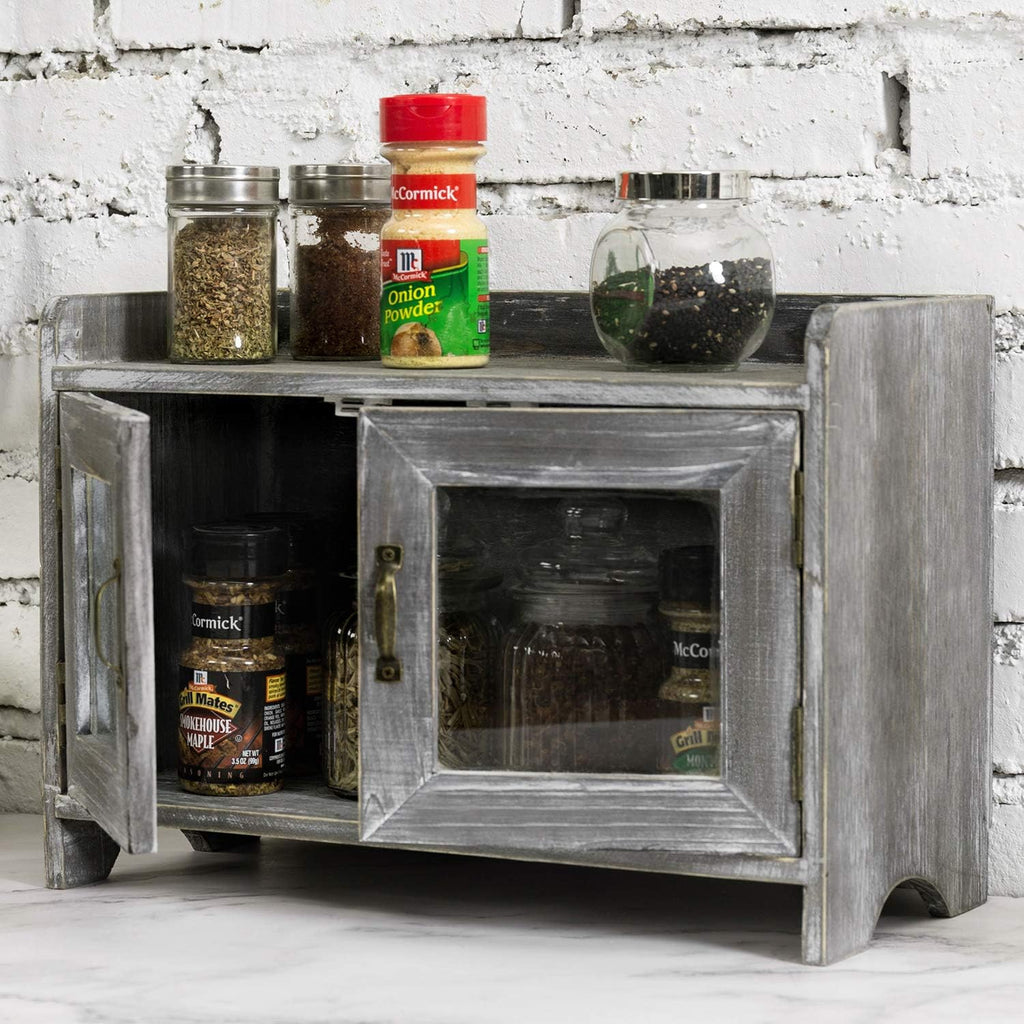 Rustic Gray Whitewashed Wood Counter Top Storage Cabinet with Glass Windows W99990