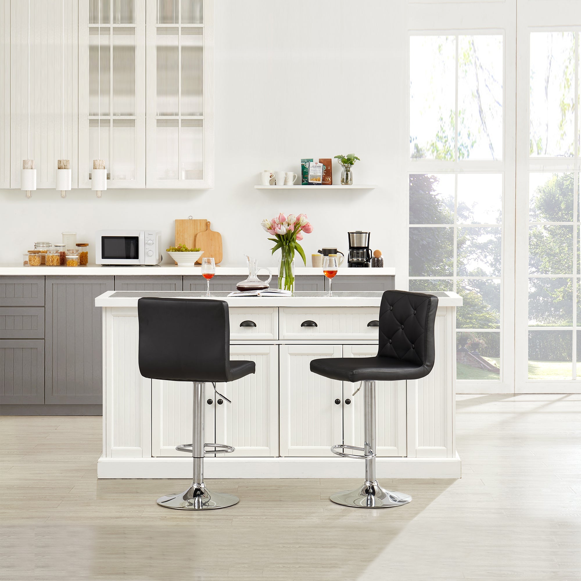 Set of 2 PU Leather Adjustable Swivel Bar Stools with Back, Black Y68210
