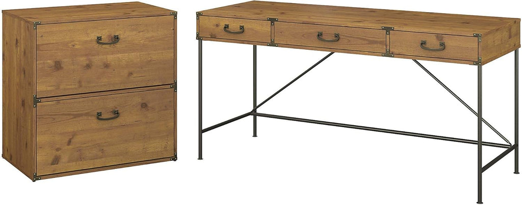 Vintage Golden Pine L Shaped Writing Desk with 2 Drawer Lateral File Cabinet J68868