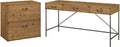 Vintage Golden Pine L Shaped Writing Desk with 2 Drawer Lateral File Cabinet J68868