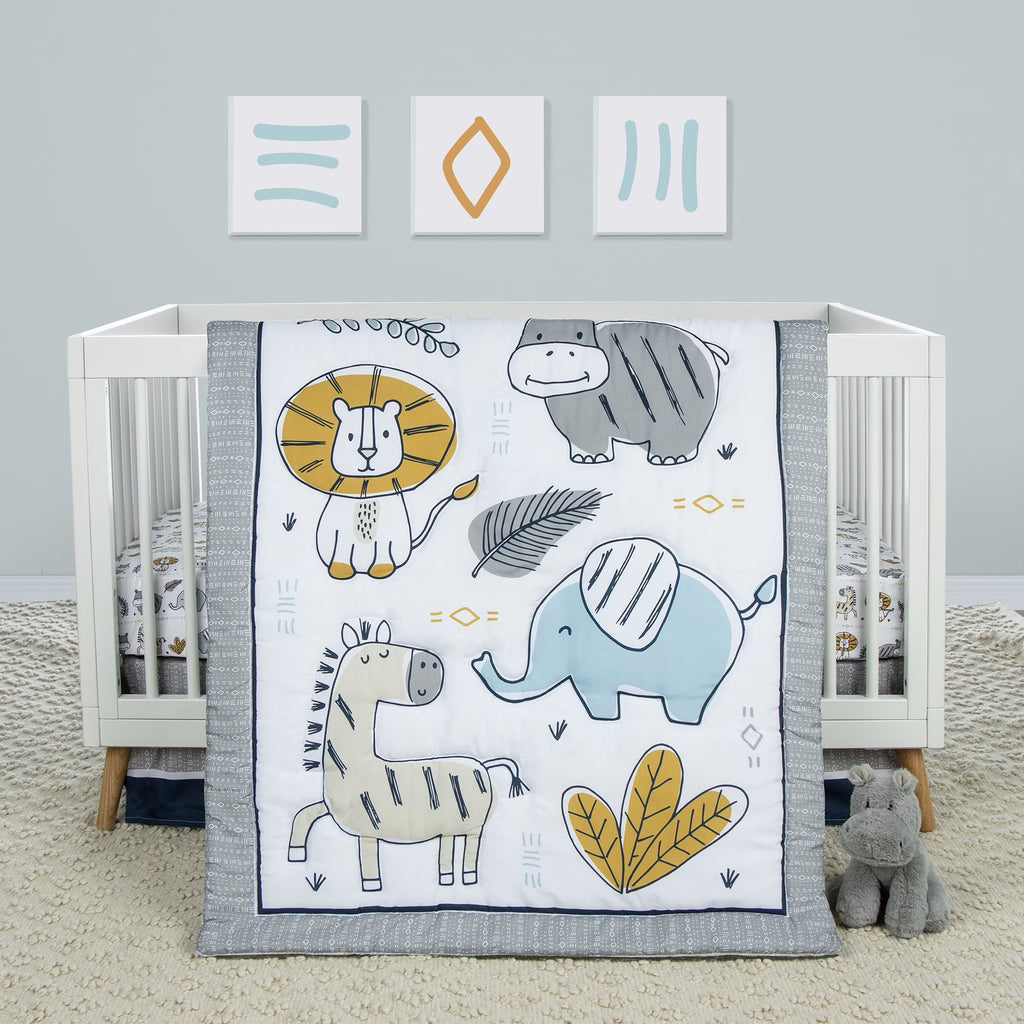 4 Piece Crib Bedding Set, White, Tan, Orange, Blue, Navy and Gray, 100% Microfiber, Polyester Fill, Quilt, Fitted Crib Sheet, Skirt and Plush Toy T963