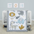 4 Piece Crib Bedding Set, White, Tan, Orange, Blue, Navy and Gray, 100% Microfiber, Polyester Fill, Quilt, Fitted Crib Sheet, Skirt and Plush Toy T963