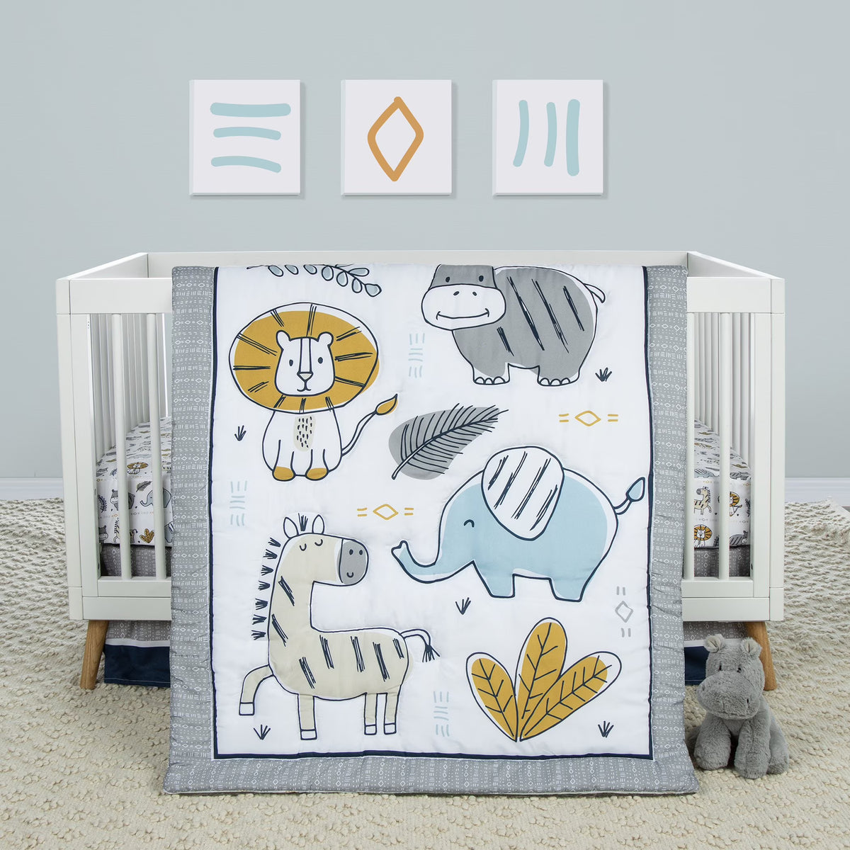 4 Piece Crib Bedding Set, White, Tan, Orange, Blue, Navy and Gray, 100% Microfiber, Polyester Fill, Quilt, Fitted Crib Sheet, Skirt and Plush Toy T963