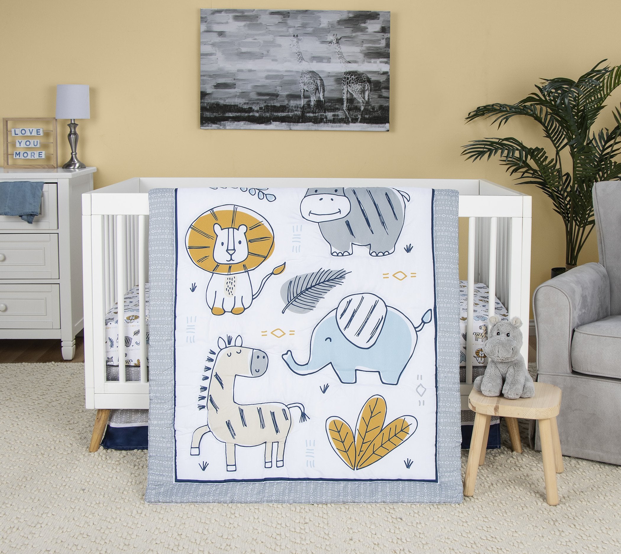 4 Piece Crib Bedding Set, White, Tan, Orange, Blue, Navy and Gray, 100% Microfiber, Polyester Fill, Quilt, Fitted Crib Sheet, Skirt and Plush Toy T963
