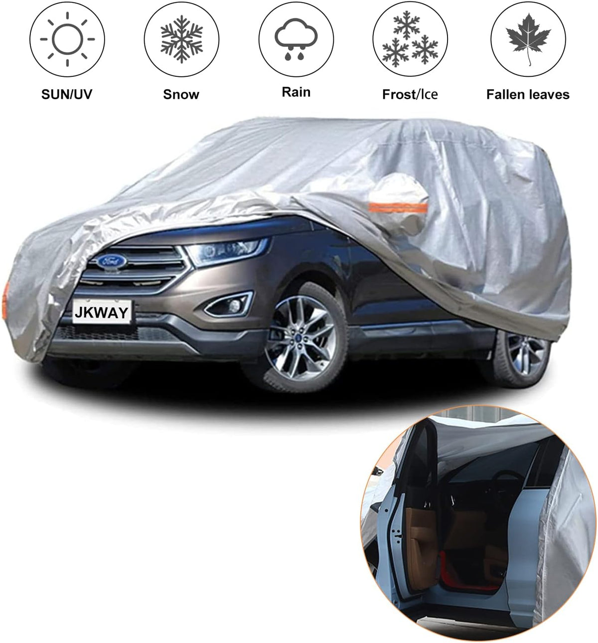 6 Layers Heavy Duty Waterproof Windproof Car Cover with Zipper Door, Universal Fit for SUV (190 in-200 in), Silver Pack of 2 F833302