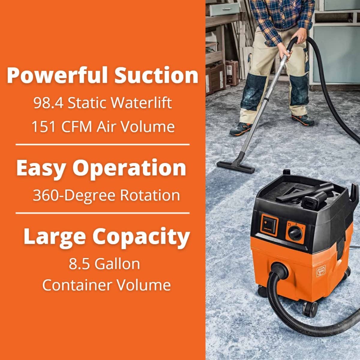 Turbo II Wet/Dry Dust Extractor Vacuum Cleaner, 151 CFM Suction Capacity, 98 PSI Static Water Lift C5854