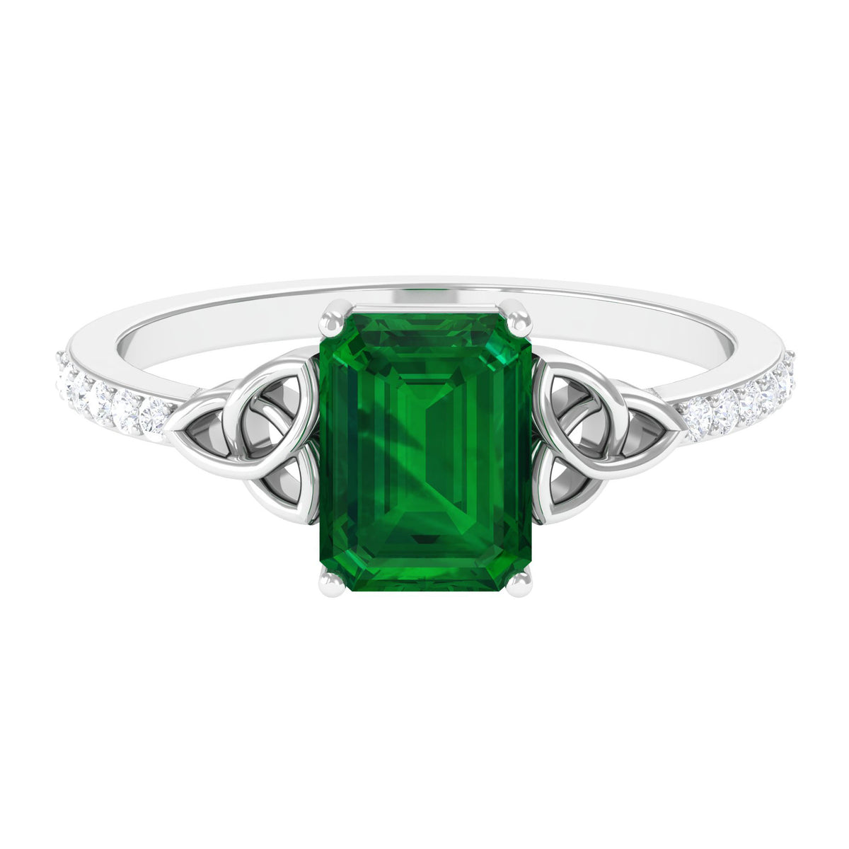 Emerald Solitaire Celtic Ring with Diamond - 6X8 mm, 925 Sterling Silver, US 13.00 S7034
