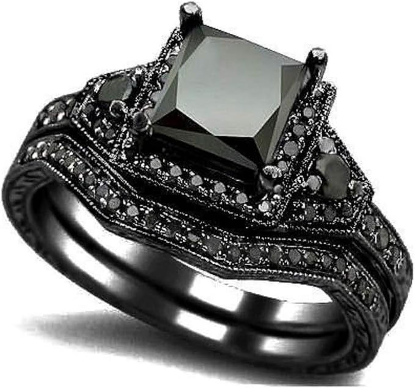 Black Onyx Princess Cut Bridal Ring Set Q18436