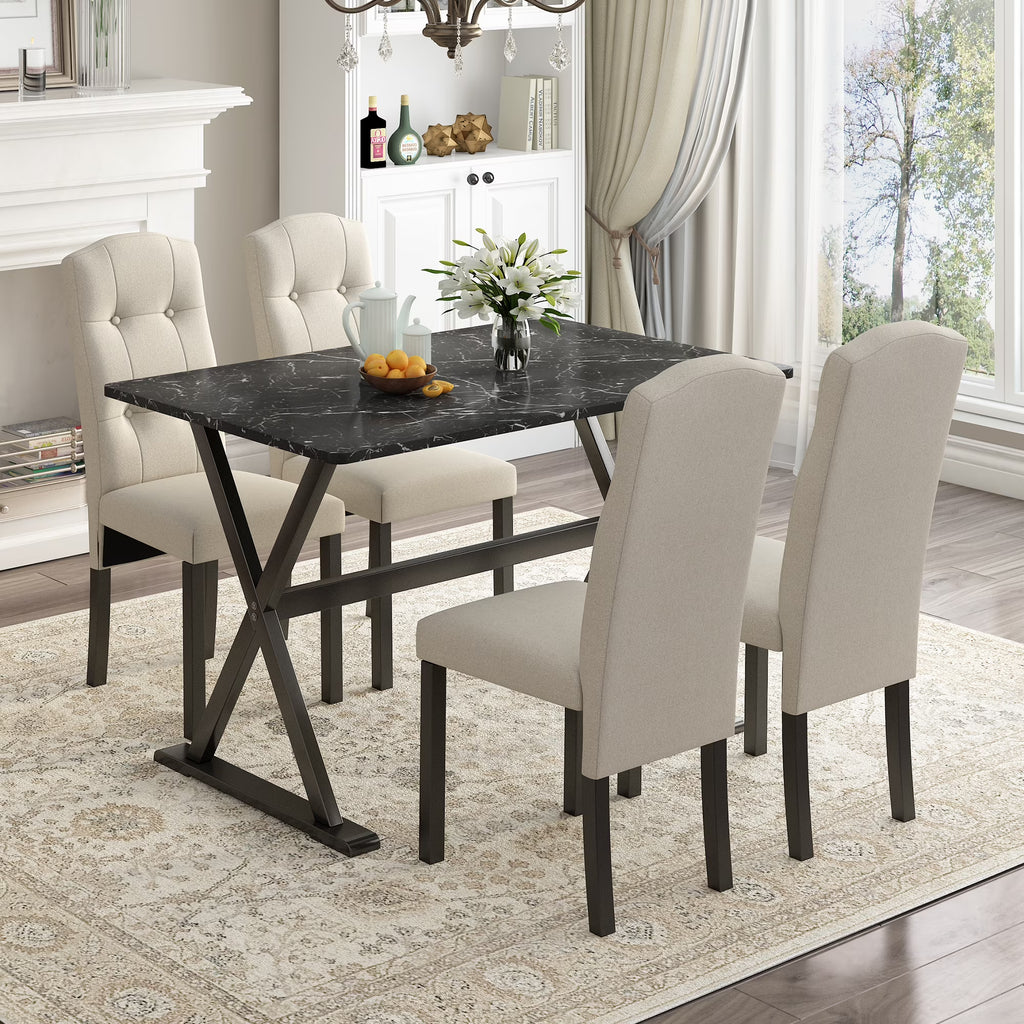 5 Piece Dining Set with Faux Marble Tabletop and 4 Upholstered Chairs N836