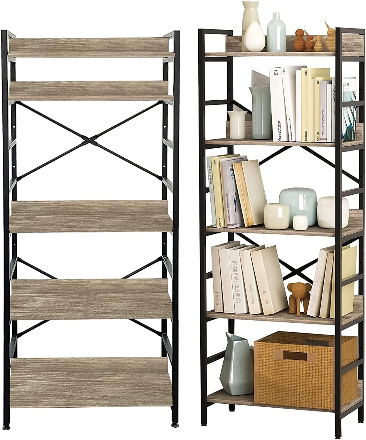 Industrial Bookshelf, 4 Tier Tall Bookcase, Metal Frame, Rustic Brown X14947