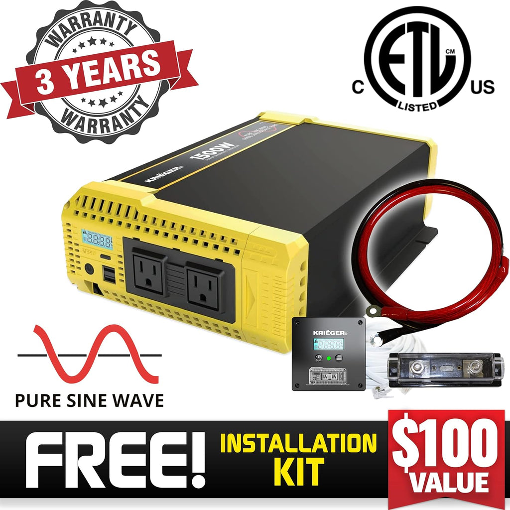 1500 Watt 12V Pure Sine Inverter Dual AC Outlets & USB O7440