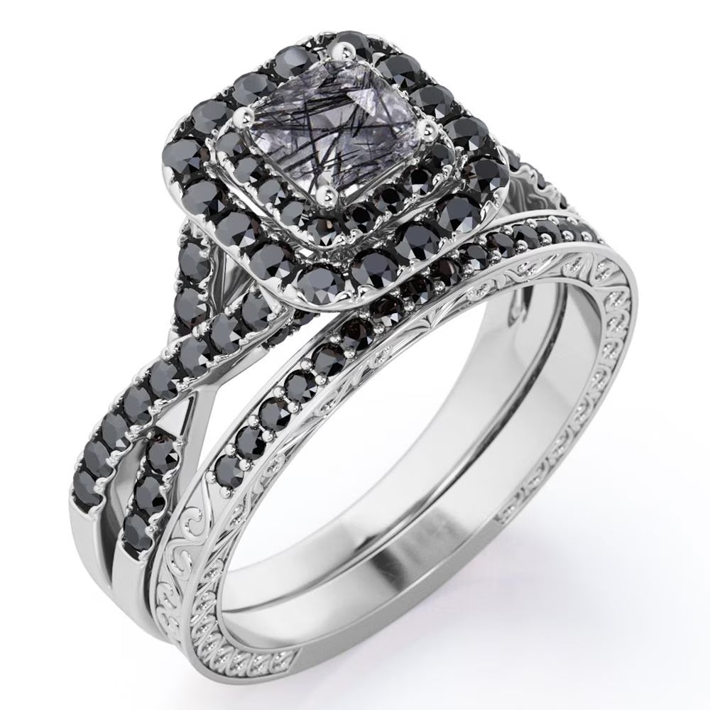18K White Gold Plated Bridal Set with Black Rutilated Quartz and Lab Created Black Diamond Z12524