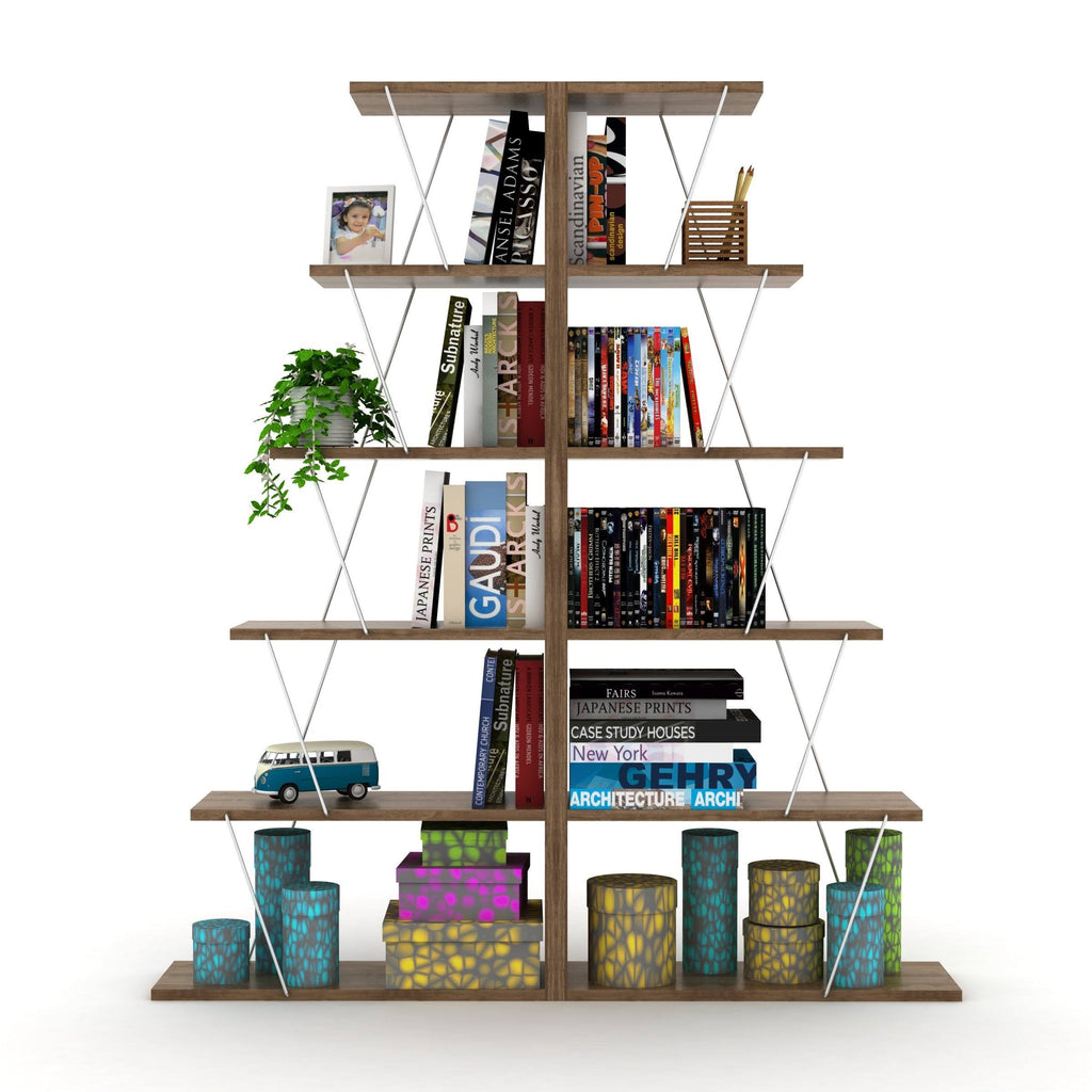 Chrome-White 5-Shelf Angled Bookcase F906