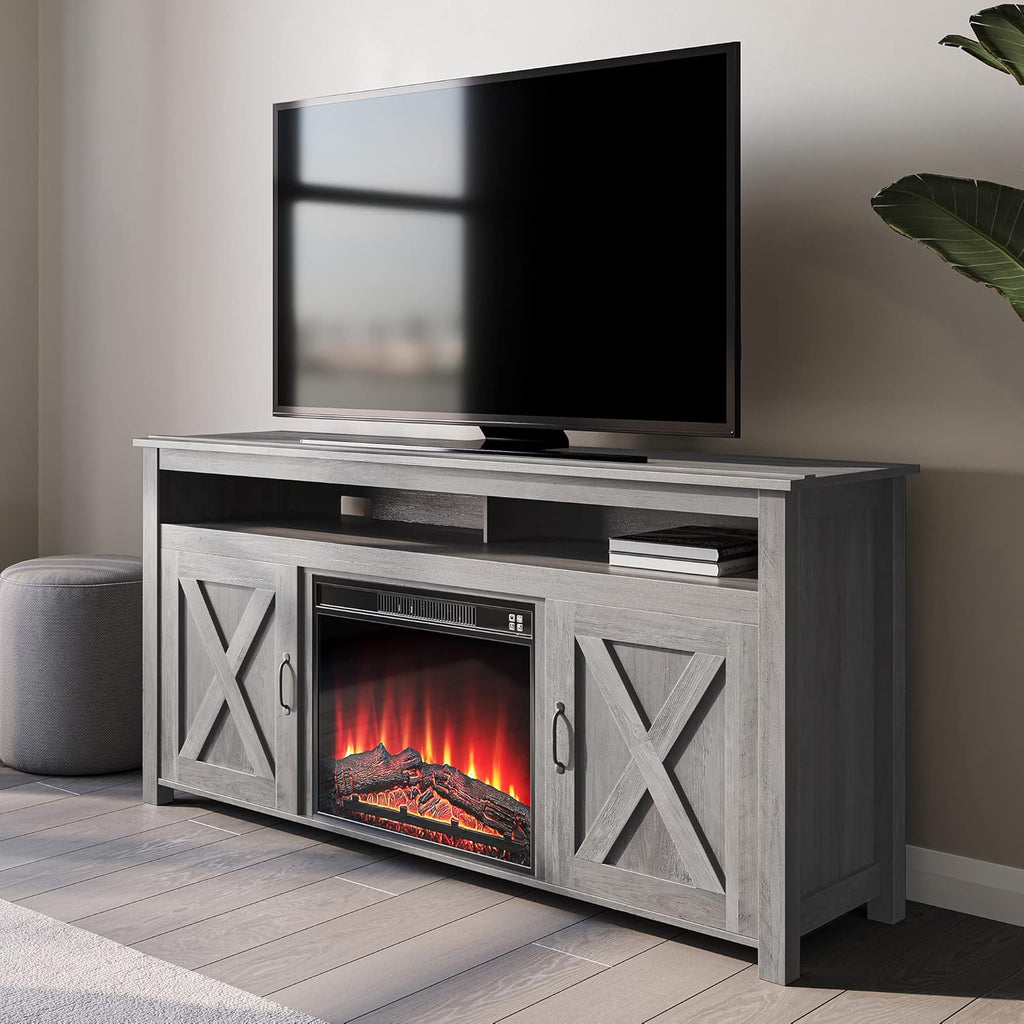 Modern Barn Door Wood Electric Fireplace TV Stand with Two Open Shelves and Cabinets V17015