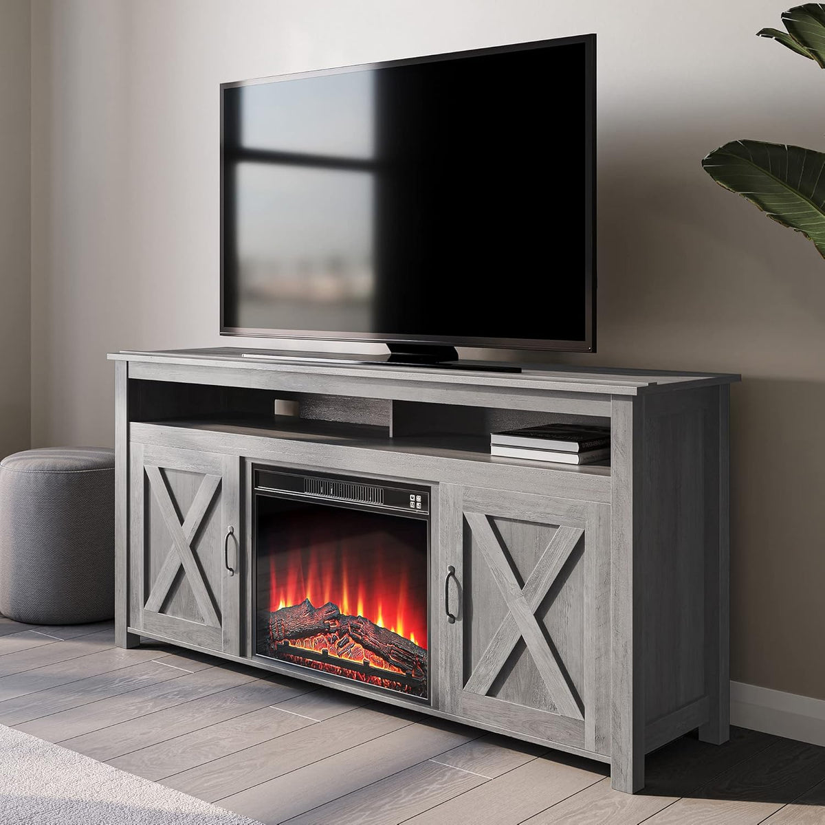 Modern Barn Door Wood Electric Fireplace TV Stand with Two Open Shelves and Cabinets V17015