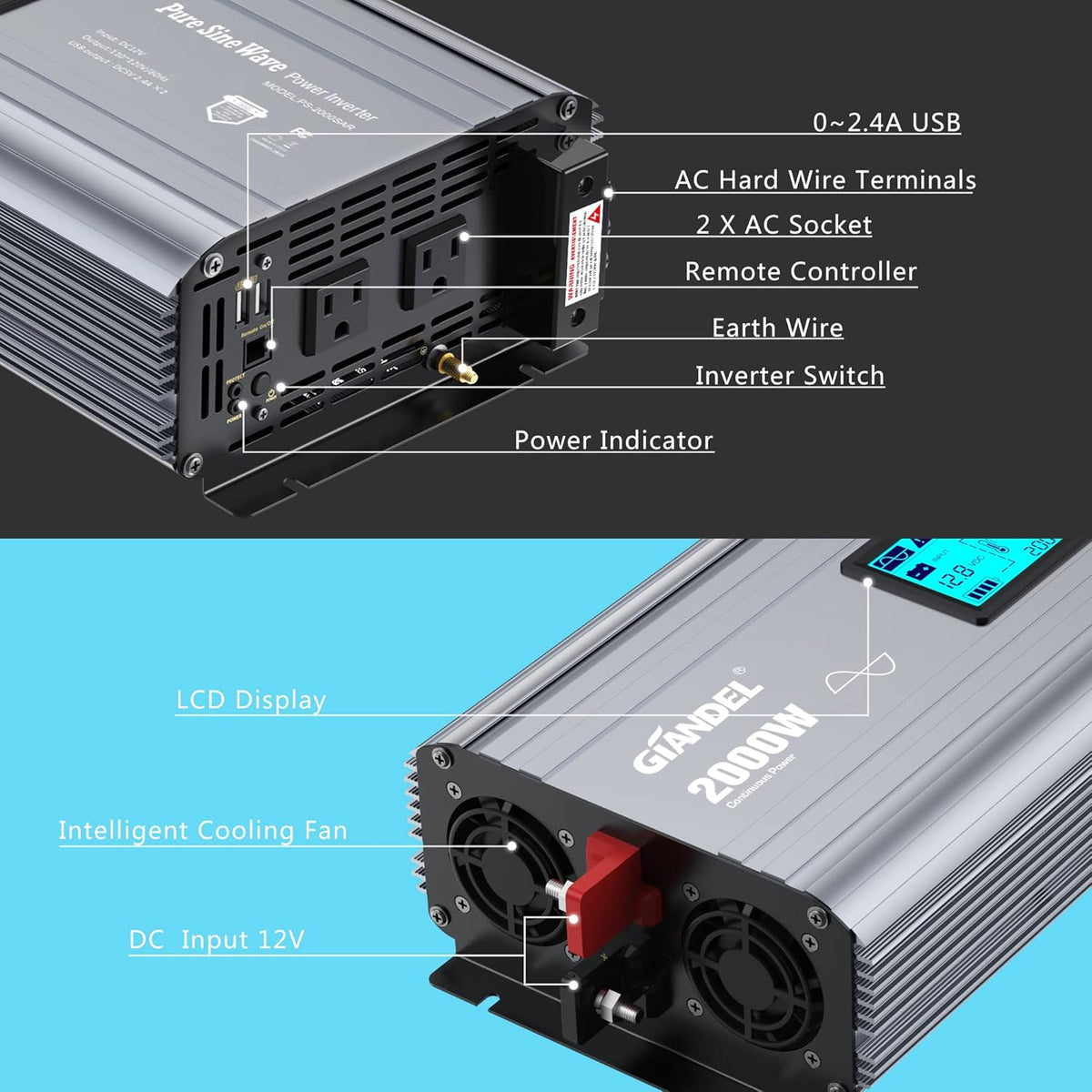 2000W Pure Sine Wave Power Inverter DC 12V to AC 120V with LCD Display Remote Controller Dual 2.4A USB Ports V7886