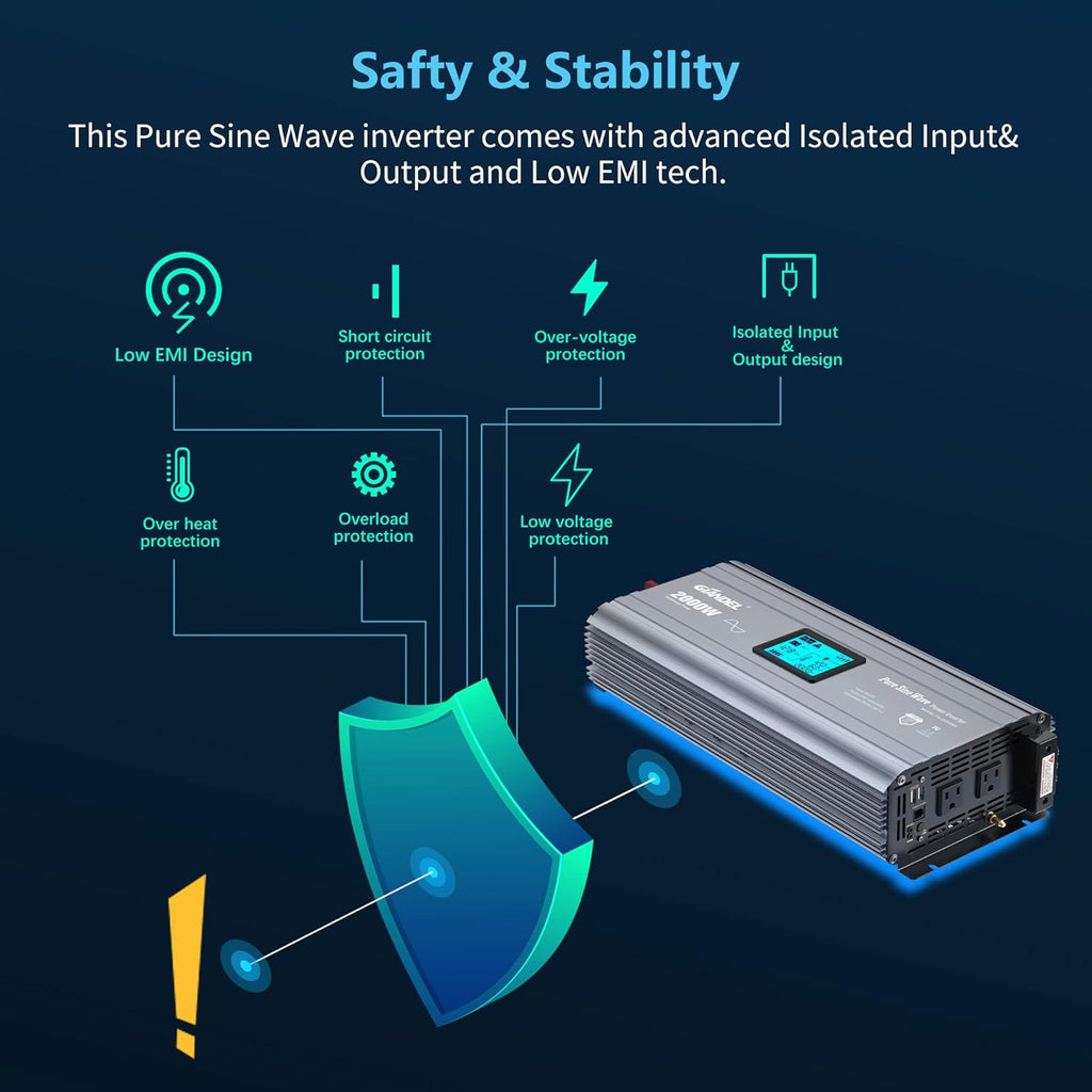 2000W Pure Sine Wave Power Inverter DC 12V to AC 120V with LCD Display Remote Controller Dual 2.4A USB Ports V7886