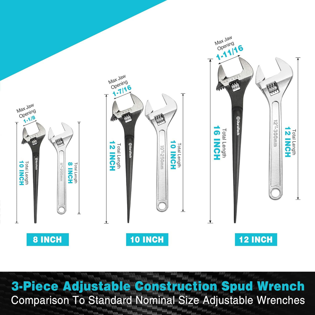3-Piece Adjustable Construction Spud Wrench Set, 8-inch, 10-inch, 12-inch, Black Oxide Finish, Forged Cr-V O356