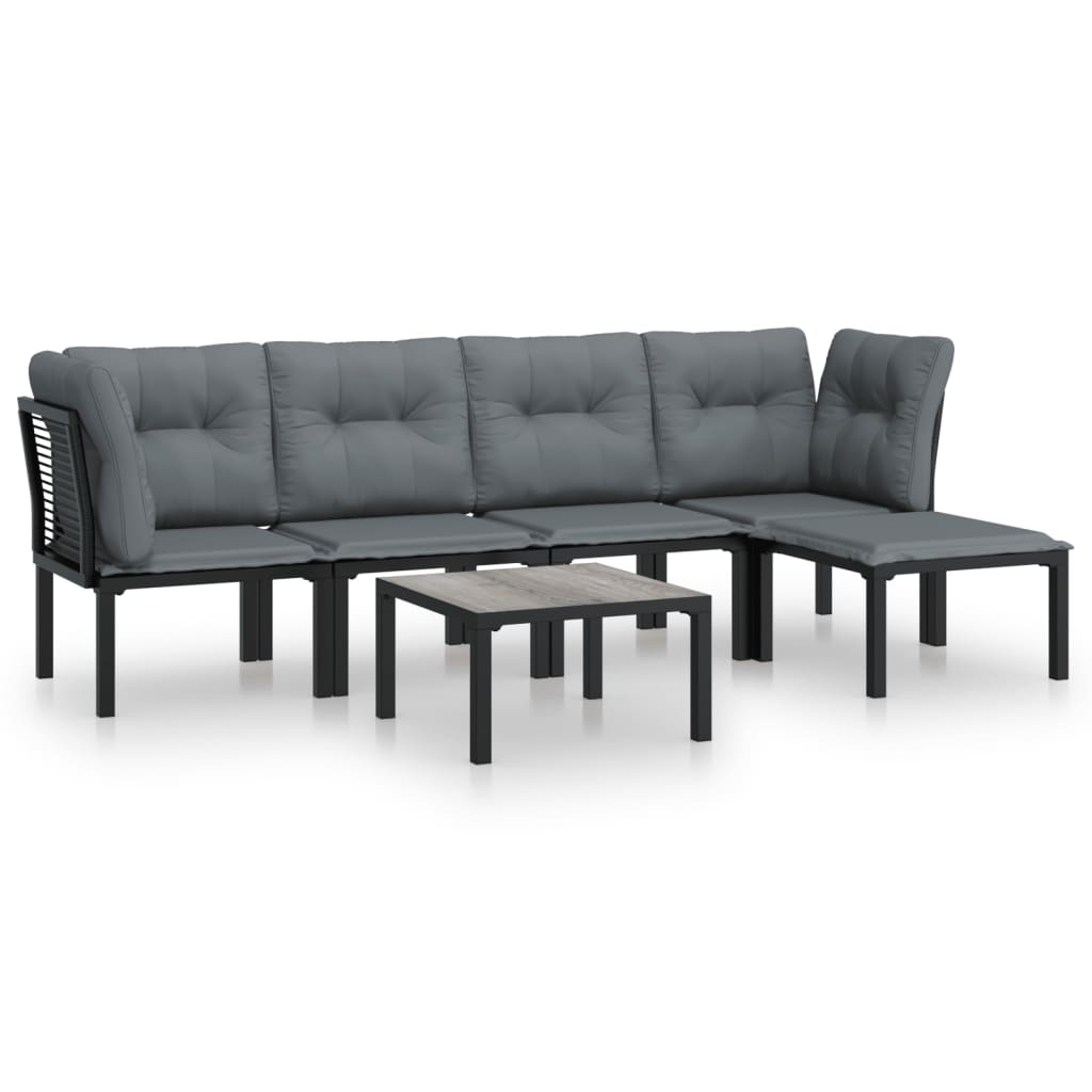 6 Piece Outdoor Patio Furniture Set, Sectional Sofa with Dark Gray Cushions, Black Poly Rattan V1014
