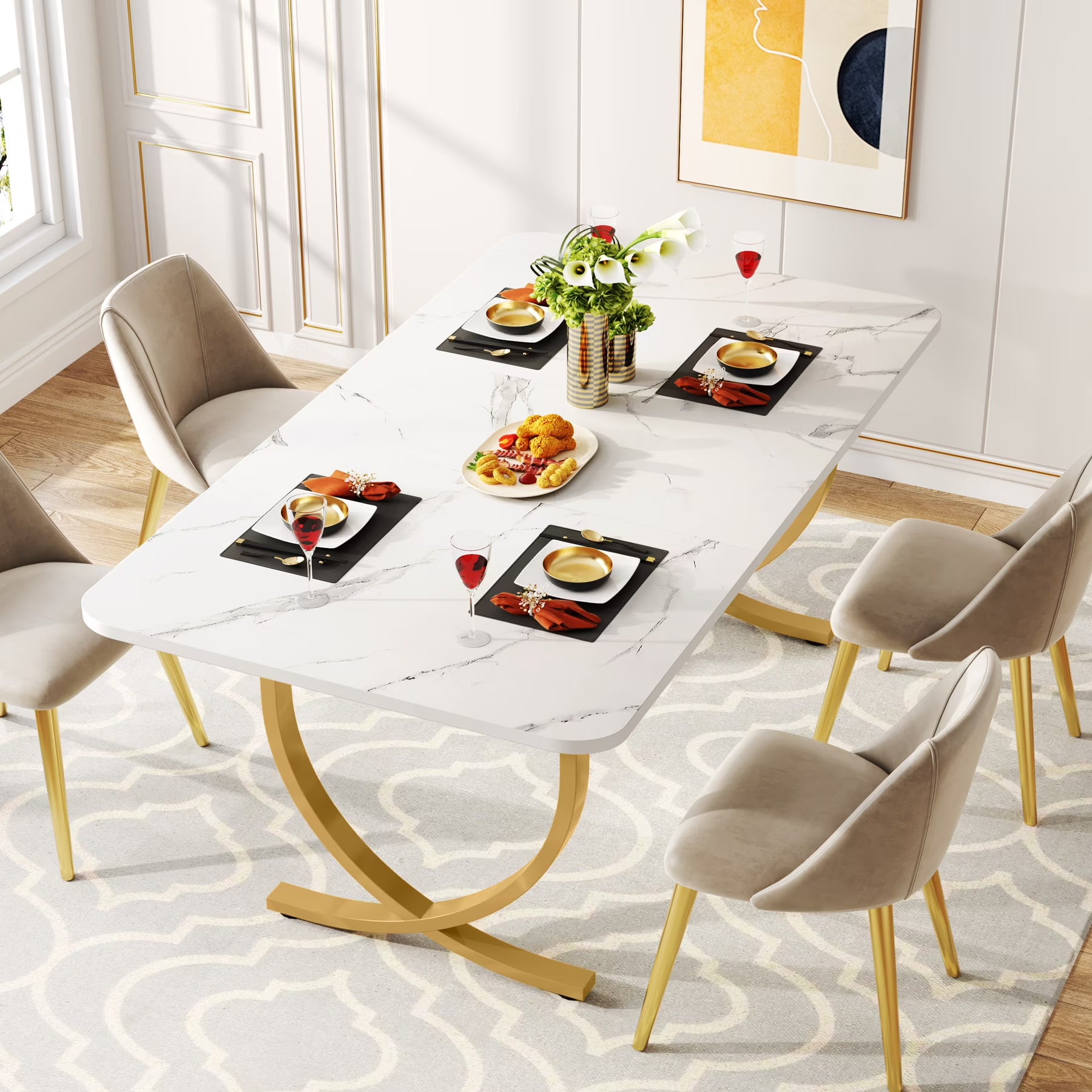 63 Inch Rectangular Faux Marble Dining Table with Metal Legs D34627