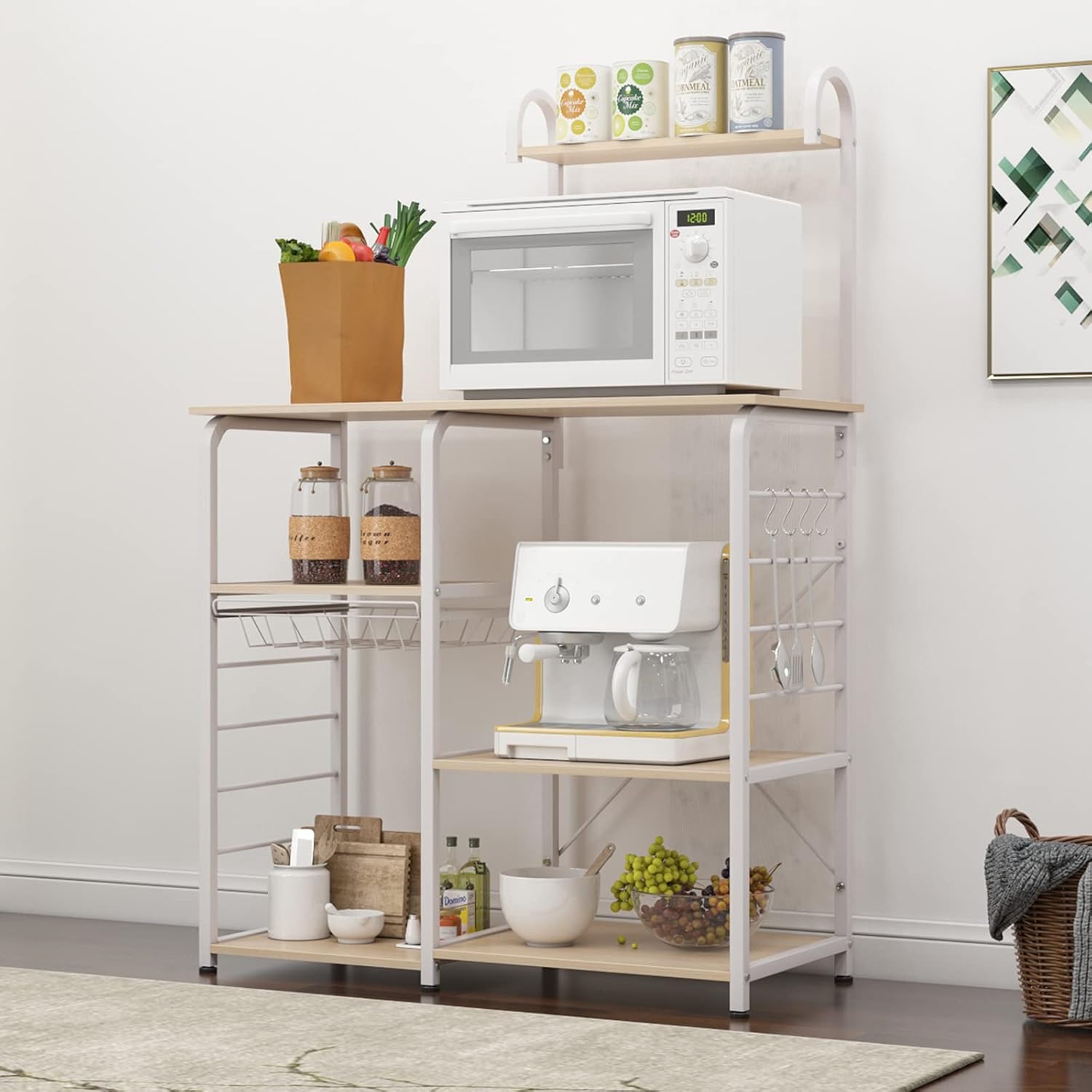 White Maple 3-Tier+4-Tier Kitchen Storage Shelf Microwave Stand 35.4 inch Workstation Shelf F5163