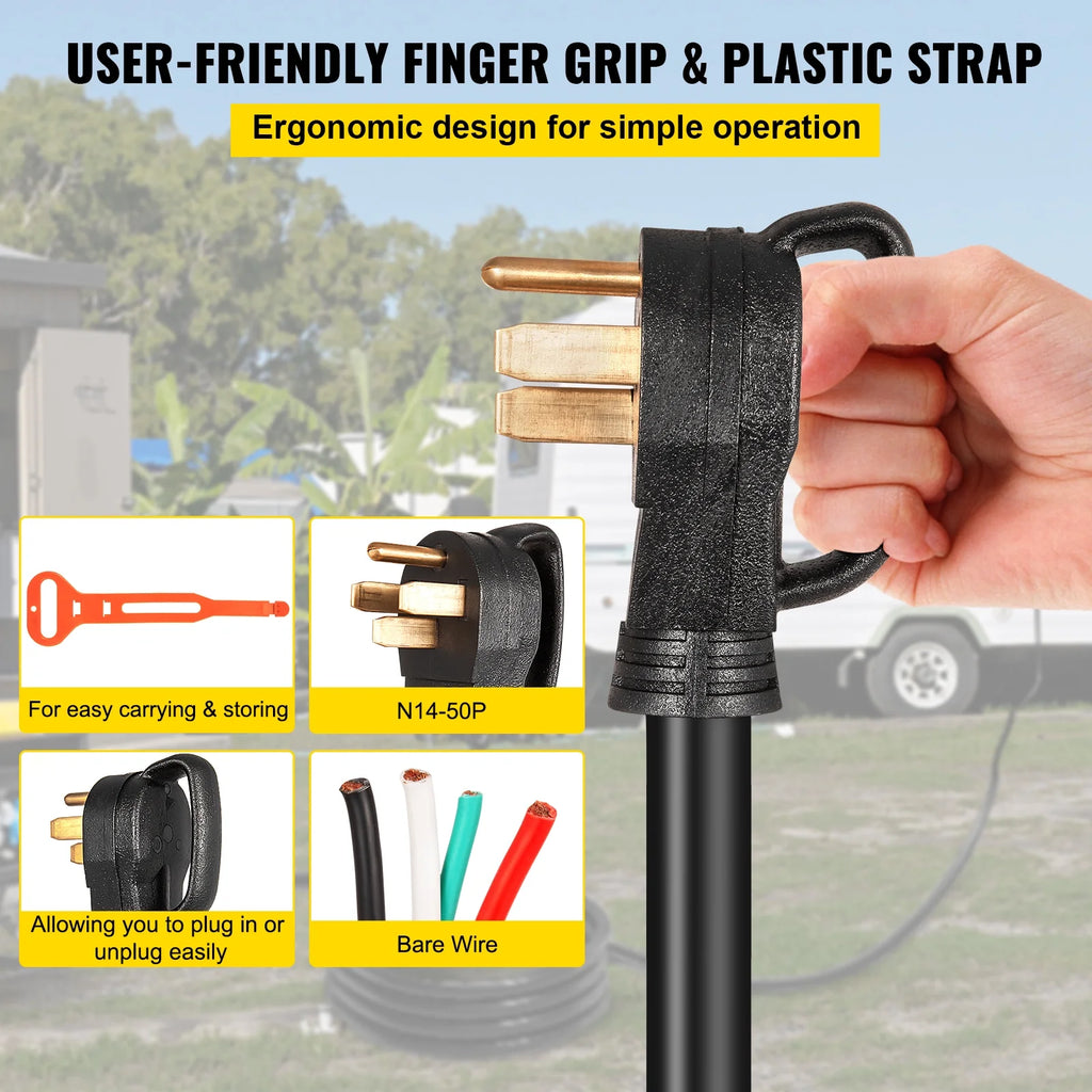 25' 50A RV Power Cord 6/3 + 8/1 AWG NEMA 14-50P to Bare Wire E8813
