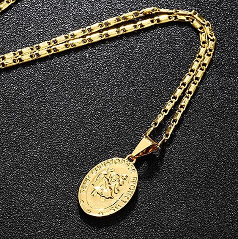 18k Gold Filled On Silver Saint Christopher Figaro Bar Chain Necklace W30103